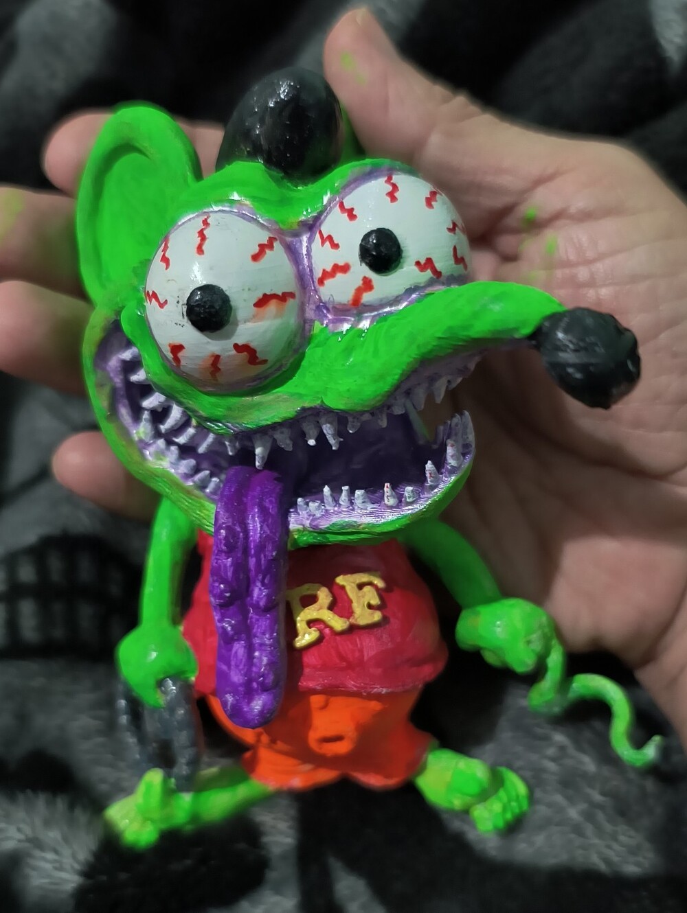 Neon Green Rat Fink Style Figure with Purple Tongue
